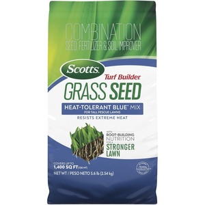 image:imageScotts Turf Builder Grass Seed HeatTolerant Blue Mix for Tall Fescue Lawns  Grass Seed Plus Lawn Fertilizer and Soil Improver Covers Up to 1400 sq ft 56 lb56 lb