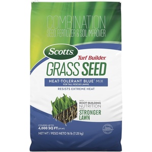 image:imageScotts Turf Builder Grass Seed HeatTolerant Blue Mix for Tall Fescue Lawns  Grass Seed Plus Lawn Fertilizer and Soil Improver Covers Up to 1400 sq ft 56 lb16 lb