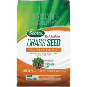image:imageScotts Turf Builder Grass Seed High Traffic Mix  Grass Seed Plus Lawn Fertilizer and Soil Improver SelfRepairs Covers Up to 2800 sq ft 56 lb24 lb