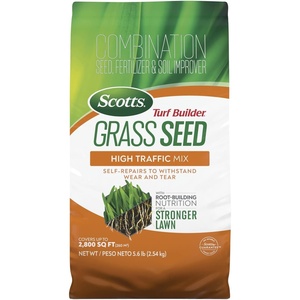 image:imageScotts Turf Builder Grass Seed High Traffic Mix  Grass Seed Plus Lawn Fertilizer and Soil Improver SelfRepairs Covers Up to 2800 sq ft 56 lb56 lb